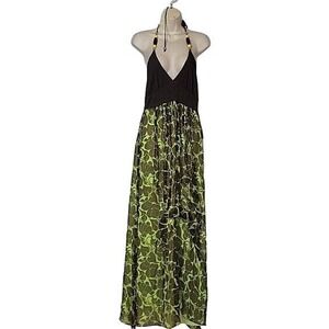 MILLY Halter Maxi Dress Green Floral Print‎ Beaded Neckline Flowy Summer Dress M